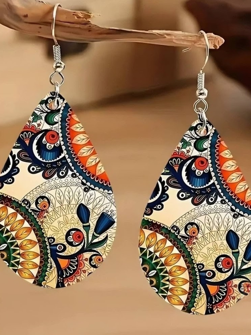 Teardrop Floral Mandala Earrings  Blue Gold Orange New Statement Lightweight